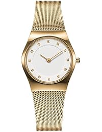 Bering Classic - Reloj analógico de mujer de cuarzo con correa de acero inoxidable dorada - sumergible a 50 metros