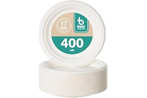 BEST PRODUCTS 400 Platos Caña de Azúcar Desechables Ecológicos Biodegradables Compostables y Reciclables Para Fiestas Cumpleaños Comuniones Redondos Postre Blancos Ø 17 cm