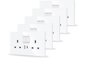 JIMEIDA 5 Pack Double Switched Socket White 20W Fast Charging 13 Amp with USB A and Type C Charging Ports Crystal Glass Panel Wall Outlet
