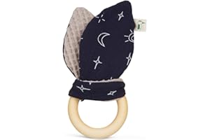 GRÜNSPECHT Organic Gripping Ring with Rabbit Ears, Wooden Ring with Washable Fabric Ears Made of 100% Cotton (kbA) for Grip and Sense of Touch, Gift Toy Baby, Grey (696-V3)