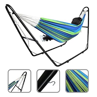 Todeco Hamac, Lit Suspendu - Capacité: pour 2 Personnes - Hauteur: Ajustable - Vert/Bleu, avec Support Type-H, Coton, Brésilien