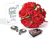 TIED RIBBONS Karwa chauth Gifts Artificial Red Roses with Earrings and Greeting Card | Karwachauth Special Gifts for Wife | Gifts for Women on Karwachauth | Karwachauth Special Gifts for Wife
