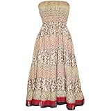 Mogul Interior Womens Dress Beige Smocked Bodice Strapless Convertible Long Skirts Medium