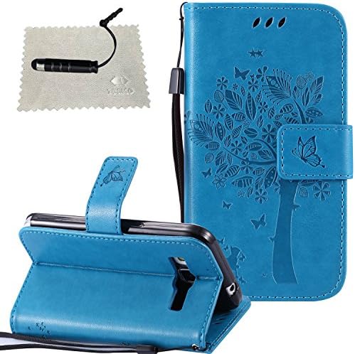 Samsung Galaxy J2 Case Leather Blue,Samsung Galaxy J2 2016 Flip Cover,TOCASO Lightweight Book Style Color Painted With Build-in Stand View Function Wallet Case Ultra Thin PU Leather Soft Silicone Inner Back Cover Embossed Tree Cute Cat Butterfly Pattern with Built-in ID Credit Card Slots Holder Pouch Magnetic Closure Full Body Protection Holster Protective Case Shell for Samsung Galaxy J2 2016 + 1x Black Stylus Pen + 1x Cleaning Cloths