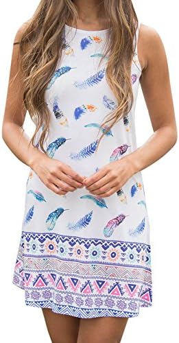 Dresses, Hevoiok Women Feather Print Sleeveless Party Holiday Mini Skirt Gowns Sundress (XL, White)