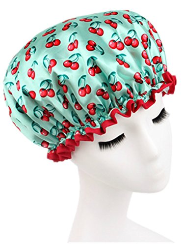 Moolecole Women's Cherry Printed Waterproof Double Layer Shower Cap Elastic Band Bathing Cap Spa Shower Hat