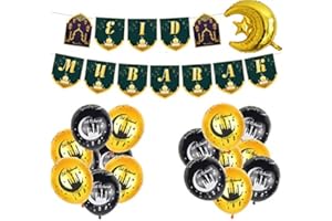 QICI 12 Inch Eid Mubarak Latex Balloons+Eid Mubarak Foil Balloons +Eid Mubarak Banner Decoration, Ramadan Mubarak Party Supplies for Eid Al Fitr & Eid Al Adha Festival Decoration Supplies