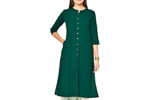 ladyline Damen Pure Cotton Plain Tunika Top Front Slit 3/4 Ärmel Roll-up Chinesische Hals Knöpfe Unten Tasche Lange Kurti Kurta