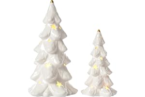 ‎DN DECONATION DN DECONATION Keramik Weihnachtsbaum mit Licht, 2er Set Weiße Tischdekoration mit Sternen-Ausschnitten, Batteriebetriebene Weihnachtsbaum-Figuren für Kaminsims, Regal & Festliche Tischdekoration