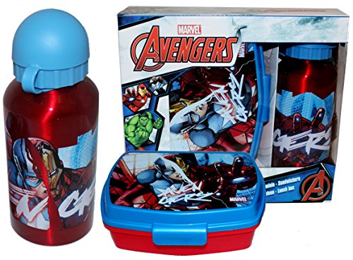 Preisvergleich Produktbild Marvel Avengers Brotdose und Aluminium Trinkflasche Set (Rot / Blau)