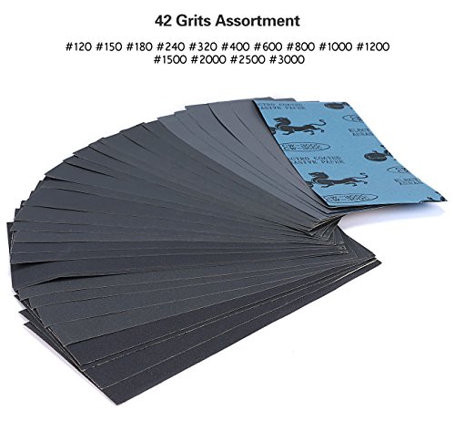 Schleifpapier Set, Seacue 42 Stück 120 to 3000 Grit Schleifpapier Sortiment Trocken/Nass Für Automobilschleifen Holzbearbeitung und Holzdrehen, 9 x 3,6 Zoll - 2