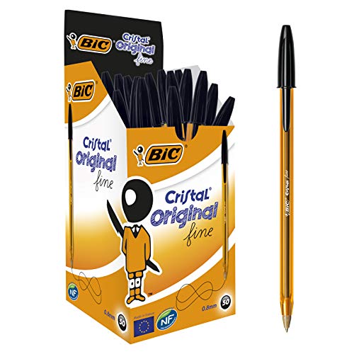 BIC Cristal Original Fine - Caja de 50 unidades, bolígrafos punta fina (0,8 mm), color negro