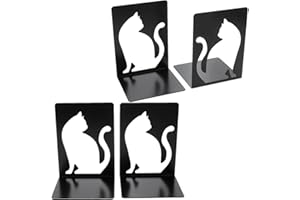 HZSOOCH 2 Pairs Heavy Duty Decorative Metal Bookends, Anti Slip Book Stopper for Office, Library, School, Home (Black, White Cat Style)