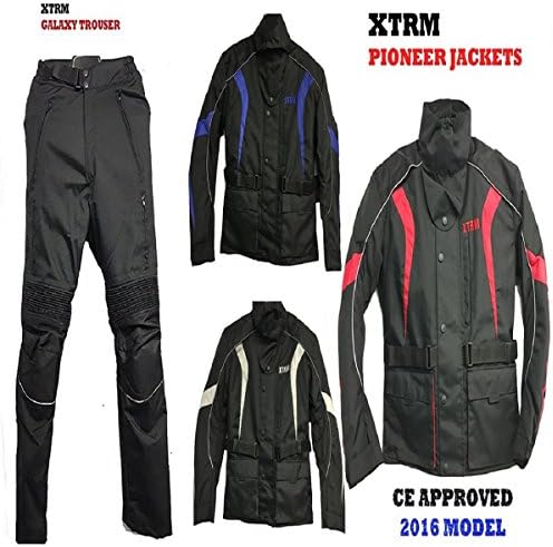 Motorbike Motorcycle Scooter Mens 2 Piece Suit XTRM PIONEER Jackets With GALAXY Trousers CE Approved Armoured Textile Cordura Motorbike Adult Waterproof 2 Piece Set (BLACK/RED, XL / Waist 36)