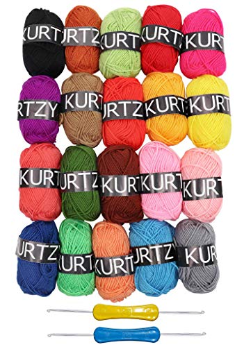 Ovillos de Lanas (20 pcs) - 2x Gancho de crochet - Lana de ganchillo 20x25 g hilo de tejer crochet - 50 Metros Hilo de algodón - 100% Acrílicos Skeins para cualquier proyecto de ganchillo y punto