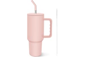 COZOME 40Oz Gobelet Isotherme avec Paille et Poignée, 304 Acier Inoxydable Bouteilles Isothermes, Anti-déversement Mug Isotherme for Voiture, Bureau, Camping, Yoga, Extérieur, Rose Clair