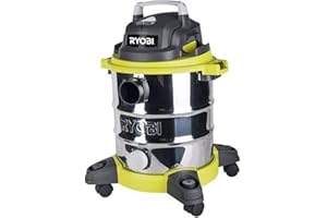 ‎RYOBI Ryobi Odkurzacz na Mokro i na Sucho, RVC-1220I-G, Moc Silnika 1200W, 20-Litrowy Zbiornik ze Stali Nierdzewnej, Funkcja Dmuchawy, Wąż 1,8 m, 4 Kółka Samonastawne, Ssawka do Podłóg, Ssawka Szczelinowa