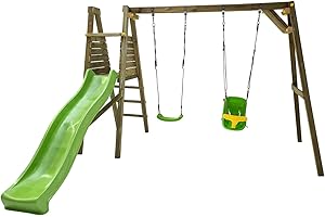 | MASGAMES | Parque Infantil Lignum L | Tobogán con Conector a Manguera | Madera tratada | Anclajes incluidos | Columpio 2 plazas | (Asientos Mixtos)