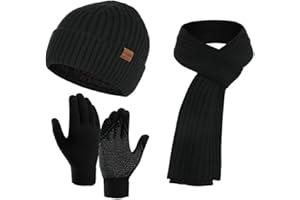 YULOONG Gorro de invierno, bufanda para pantalla táctil, guantes de conducción, para hombres y mujeres, tejido acanalado, 3 en 1, color negro