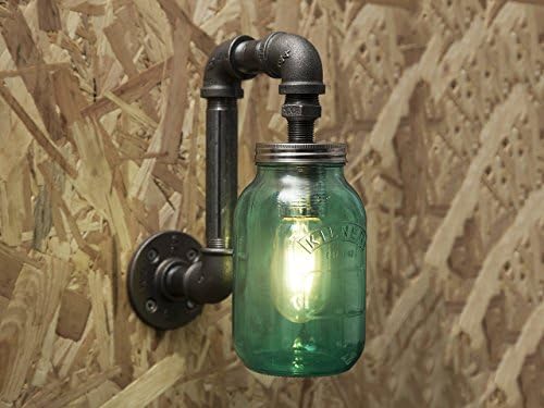 Black industrial iron pipe wall light with coloured Kilner jar fitting- Free UK postage
