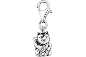 Quiges 3D Japanese Lucky Cat Maneki Neko Clip On Charm Pendant Silver Plated Women's Jewellery