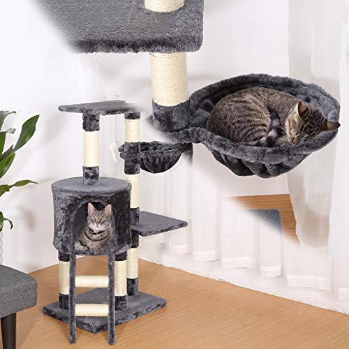 Petonaut-Arbre--Chat-Griffoir-pour-Chat-Poteau-Arbre-a-Chat-Stable-Activit-pour-Chat-Hamac-dArbre-pour-Chat-Gris-fonc-148cm