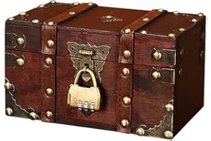 DAJASD Vintage Holz Schatztruhe, Holz Aufbewahrung Schatzkiste Mit Zahlenschloss, Schatztruhe aus Holz, Holztruhe Schatzkiste, Geeignet Zum Aufbewahren Und Dekorieren - 18 x 11 x 10cm