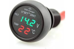 OFFFAY Car Voltmeter, 3 in 1 12V/24V Car USB Charger Thermometer Display, Voltage Temperature Meter with LCD Digital Display Panel, Voltage Tester Gauge for Cars and Trucks
