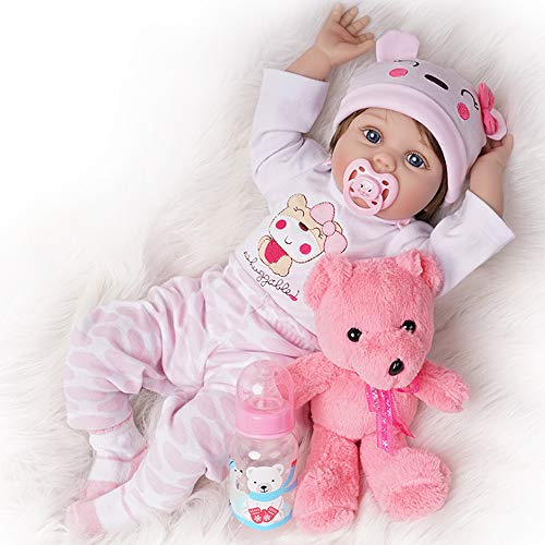 Yesteria Bébé Reborn Poupée Fille Réaliste en Silicone avec Cheveux 55 cm Tenue Blanche et Rose