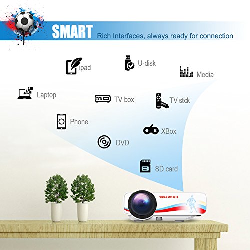 BeamerKing Proiettore, Videoproiettore LED Tema di Calcio Lumen 1500 Sostiene il Formato 1080P di Alta Risoluzione HDMI USB VGA AV for Laptop iPhone Andriod Smartphone PS4 Xbox TV Box