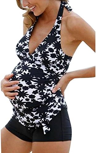 Yefree Maternity Swimsuit Women's Pregnancy Halter Black Floral Tankinis Swimsuit L