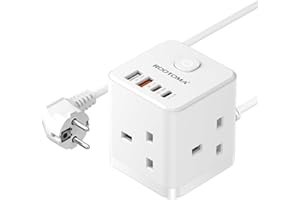 ROOTOMA UK to European Plug Adapter with 1.5M Extension Cable 3 Way 3 Fast Charging USB (QC3.0/PD20W) Compact Cube Type E/F Travel Adapter for Germany France Spain Poland Greece Netherlands etc.