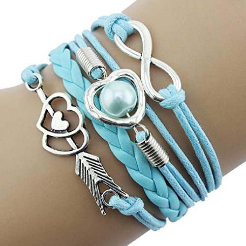 Charm Bracelet,Tefamore Love Heart Pearl Friendship Antique Leather Charm Bracelet (Sky Blue)