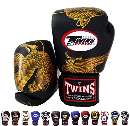 Twins Special BGVL-3 - Guantes de Muay Thai, hombre unisex Mujer juventud, color Chinese Dragon - Black/Gold, tamaño 12 onzas