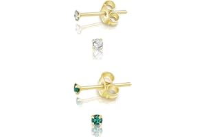 DTP Silver 2 Pares de Semental Pendientes de Plata de Ley 925 Chapado en Oro Amarillo con Cristales Swarovski® Elements Minúsculos Redondos - Diámetro: 2 mm - 1 Par Cristal Claro + 1 Color