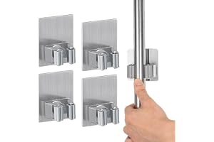 SHOWAY 4 PCS Mop Holder Broom Clips Wall Mount Reusable No Drilling Gripper Super Anti-Slip Self Adhesive Heavy Duty Stainless Steel for Home Office Kitchen Closet Garden Bathroom Wardrobe (Grey)