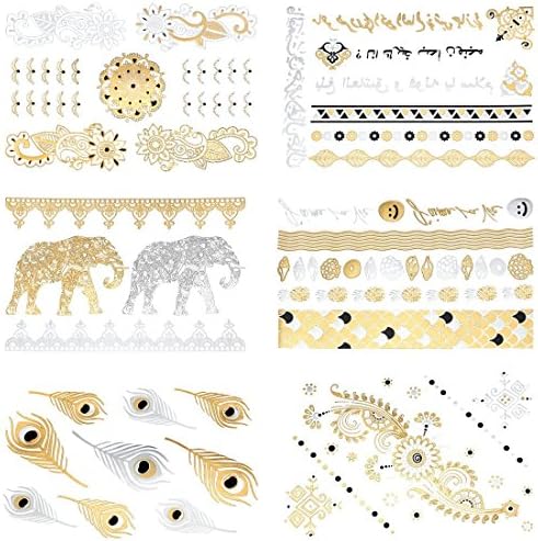 Mobengo Premium Metal tattoo Stickers Temporary Body Metallic Shimmer Effect for Women Sexy Fashion (6 sheets)