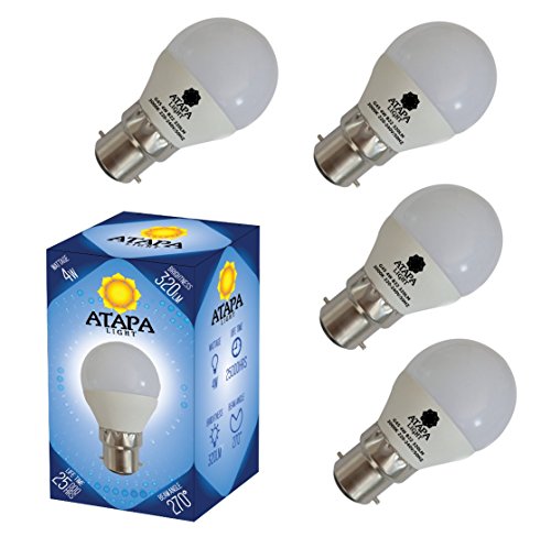 Preisvergleich Produktbild ATAPA 4 x Tropfen 4 Watt ersetzt 40W 320 Lumen mit 270° Abstrahlwinkel B22 LED Drops lampe Licht Glühbirne sehr helles natürlich warmes weißes Licht 3000 Kelvin, Bajonettfassung, Birne Leuchtmittel für Dusche Badezimmer, Küche Wohnzimmer Veranda Garten Bibliothek
