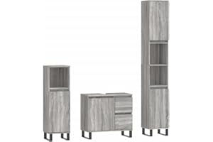 vidaXL Badmöbel Set 3 TLG., Badezimmermöbel mit viel Stauraum, Badschrank mit Eisenbeinen, Badezimmerschrank Waschbeckenunterschrank Hochschrank, Grau Sonoma Holzwerkstoff