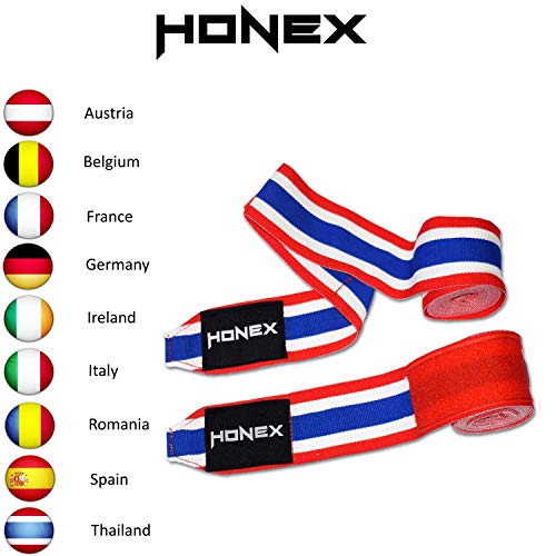 Honex 1 par de Vendas de Boxeo diseño tailandés, elásticas, de 4 Metros de Longitud, Ideales para Boxeo y Artes Marciales Mixtas, de Estilo Mexicano, ultrasuaves y Resistentes, para Hombres y Mujeres