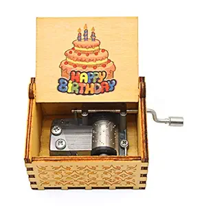 EITHEO Wooden Antique Carved Hand Crank Multicolor Happy Birthday Cake Music Box