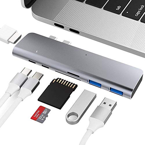Concentrador USB C, Adaptador de concentrador Tipo C Multipuerto Lector de Tarjetas Thunderbolt 3 y TF/SD, Suministro de energía USB-C, USB 3.0 para MacBook Pro de 13