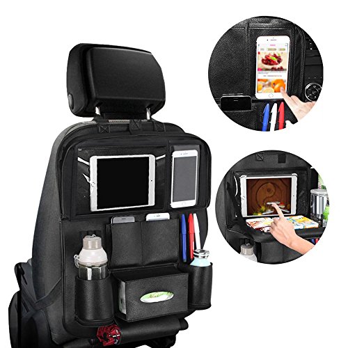 Autositz Organizer mit Folding Essbereich Rack, Pushingbest Auto Rückenlehnenschutz Autositz Organizer Mit Screen Touchable Tablet Pockets Autositztasche Reisewagensitzbeutel, Kinder Rücksitzschoner Kick-Matten-Schutz passend für die meisten den Autositz, 1PC - 2