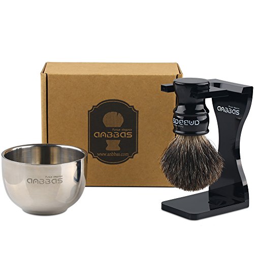 3pcs Shaving Set, Anbbas Black Badger Hair Shaving Brush, Quality Resin Handle and Dia 3.2" Shaving Soap Bowl 2 Layers Stainless Steel, Acrylic Resistant Shaving Stand Kit
