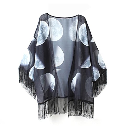 OverDose Women Lunar Eclipse Printed Chiffon Shawl Kimono Cardigan Tops Cover up Blouse