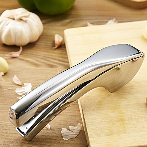 Knoblauchpresse, Knoblauchwippe in Metallbauweise, aus Edelstahl, solide und ergonomisch, mit Knoblauchschäler (One Silber Knoblauchpressen)