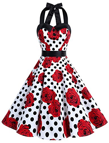 Dressystar DS1957 Robe de Bal Polka Vintage pin-up à 'Audrey Hepburn' 50's 60's Rockabilly Halter,Dos Nu, Blanc à Pois Noir et Fleur S