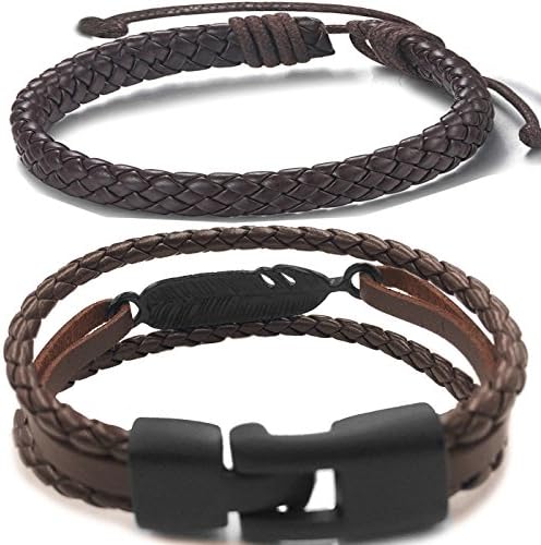 Hand Woven Drawstring Bracelet Men Leather Rope Punk Braided Rope Alloy Bangle