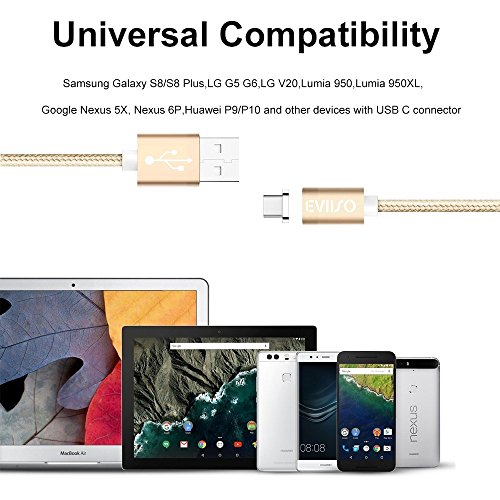 Magnetisches USB Type C kabel,-Lebenslange Garantieserie -EVIISO 1m Magnet PowerLine 2.4A Fast Charging USB C Kabel auf USB 3.0 A Ladekabel Datenkabel mit Nylongeflecht für Samsung Galaxy S8 S8 Plus,Huawei P9, P10,Nexus 5X/6P,OnePlus 3/3T und andere Type-C unterstützte Geräte (2 Pack Gold) - 6