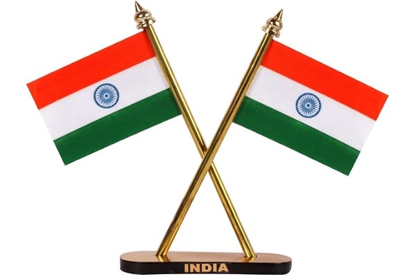 Jtku Handicraft Indian Flag Hindustan Tiranga for Car Dashboard Table Home Decoration Decor Cross Design Stand - Double Sided